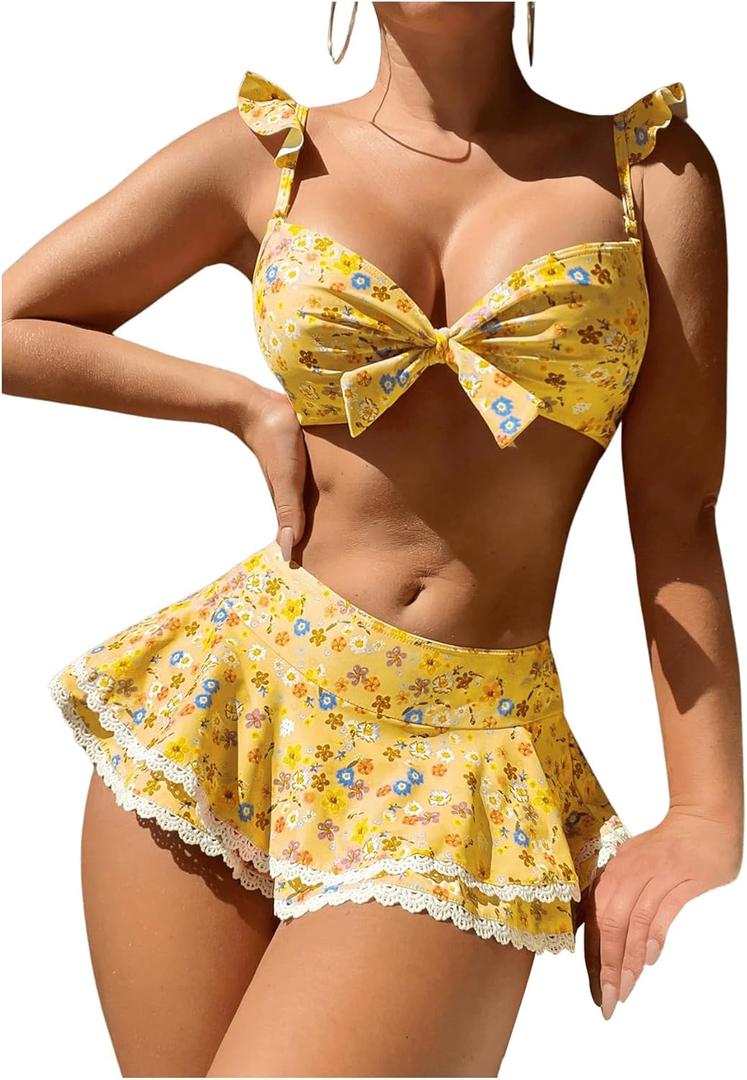 Women's 2 Piece Ruffle Bikini Sets Floral Tummy Control Skort Swimsuit Bathing Suit Beachwear (Medium, Yellow)