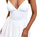 eoeoo Women's Sexy V Neck Ruffled Hem Mesh Sleeveless Ruched Spaghetti Strap Flowy Mini Dress (White, M)