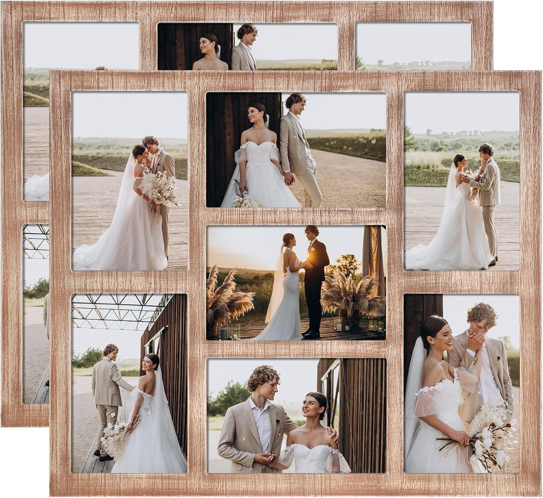 YESKAY 4x6 Picture Frame Collage for Wall Decor with Real Glass,Multiple Wooden Photo Collage Frames,7-Opening for 4 x 6 Picture Frames,Rustic Brown,2 Pack