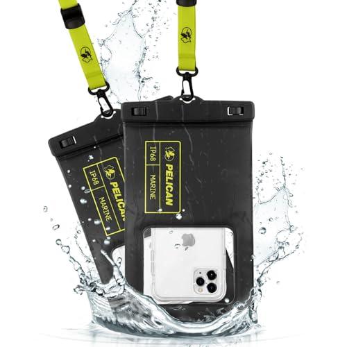 Pelican 2 Pack Marine - IP68 Waterproof Phone Pouch (XL Size) Floating Waterproof Phone Case - Beach Cruise Ship Travel Essentials - Works with All Phones - Detachable Lanyard - Black/Hi-Vis Yellow