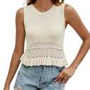 CiCiBird Women Cute Crop Sweaters Vest Knit Sleeveless Pullover Tops Crochet Ruffle Hem Tank Mall, Beige 