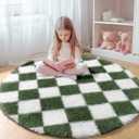 KICMOR Round Rug 4ft Olive Green and White Circle Area Rug, Fluffy Soft Fuzzy Shag Shaggy Bedroom Living Room Carpet, Indoor Checkered Circular Rugs for Kids Boys Girls Home Decor Aesthetic, Nursery