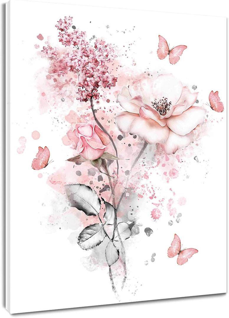 LB Pink Flower Wall Art Pink Butterfly Grey Leaf Canvas Wall Art for Bedroom Fantasy Floral Painting Wood Framed Prints Wall Decor for Living Room Bathroom,16x24 inches