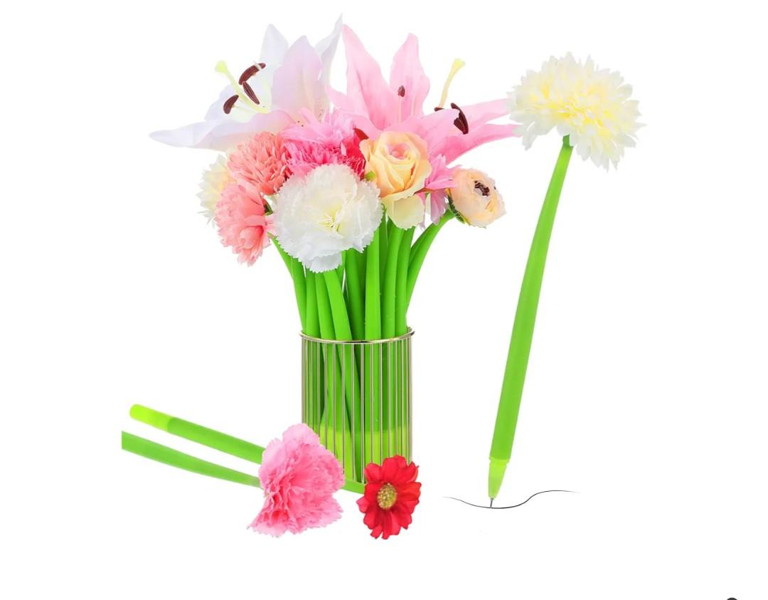 15 Pcs Mother's Day Flower Pens for Women Daisy Rose Lily Carnation Ballpoint with Flower Top Black Gel Ink Pen Gift for Bridal Shower party Supplies,0.5 mm(Flowers Varies)