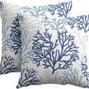 Blue and White Coral Throw Pillow Covers 16x16 Set of 2 Summer Beach Light Blue Gray Cushion Case Cotton Linen Square Sea Coral Tree Throw Pillows Case for Holidays Party Sofa Couch Bed Bench Outdoor
