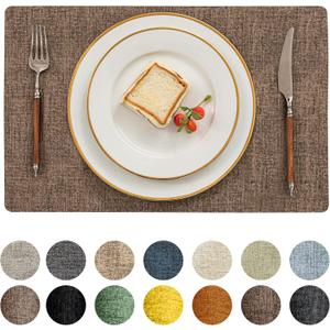 Romanstile Vinyl Placemats Set of 6-12 X 17 Inch - Faux Leather 100% Waterproof Oil-Proof Wipeable Place Mats, Heat Resistant Reversible PU Table Mats for Kitchen Dining Party Outdoor, Brown