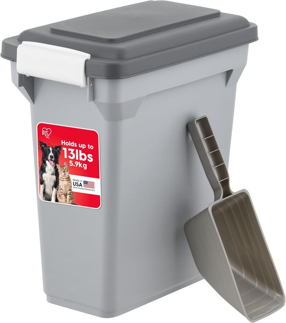 IRIS USA Dog Food Storage Container, Airtight Lid, 2-Cup Scoop, Up to 13 Pounds Pet Food Storage, Versatile Pet Food Bin, Treats, BPA Free, Gray/Dark Gray, 13 lbs