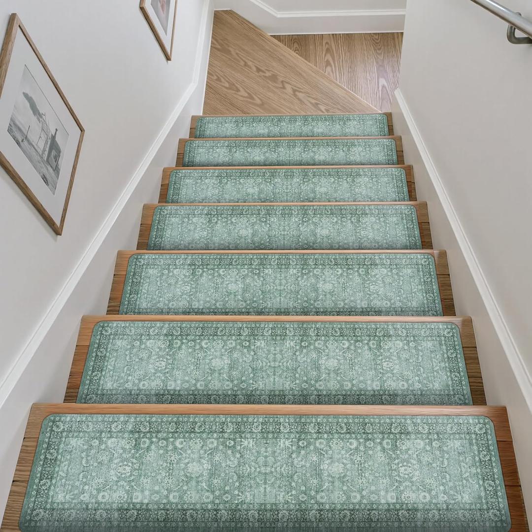 Vintage Stair Treads Non Slip Stair Runners for Wooden Steps Indoor, 15PCS 8"x30" Rubber Backing Carpet Treads for Wood Stairs Staircase Step Treads for Kids & Dogs, Stair Covers, Green