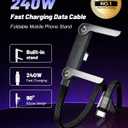 240w USB-C Charge Cable Invisible Holder Sideways Phone Charger with Stand 5 Ft Type-C Fast Flat Braided Multi Folding Side-Entry Charging Data Cord Foldable 90 Degree Right Angle for Phone Tablets