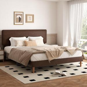 King Size Upholstered Bed Frame with Adjustable Headboard, Faux Leather Platform Bed with Wood Slats, Lychee Grain Leather, No Box Spring Needed, Easy Assembly, Noise Free, Dark Brown