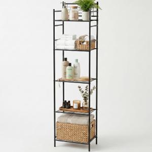 LEEDA 5-Tier Metal Shelving Unit, Sturdy Bathroom Storage Shelf & Free Standing Towel Rack with Adjustable Feet, Open Floor Shelves for Small Space in Bathroom, Kitchen, Office, Black
