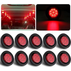 10Pcs 2 Inch Round Red LED Marker Lights 9 LED w/Reflectors, Multi Faceted 2 Inch Led Side Marker Clearance Lights Trailer Marker Lights Flush Mount w/Grommets and 2 Prong Pigtails