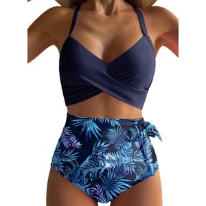Dokotoo Women's High Waisted Floral Bikini Sets Swimsuit Suit for Women 2025 Tummy Control Bathing Suit Swimwear for Summer (Blue) S 