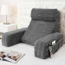 19" Reading Pillow for Bed with Built-in Arms & Large Pockets, Supportive Backrest Cushion for Reading, Resting, or Reclining, Washable Cover  Grey (Medium(5'1"-5'10"))