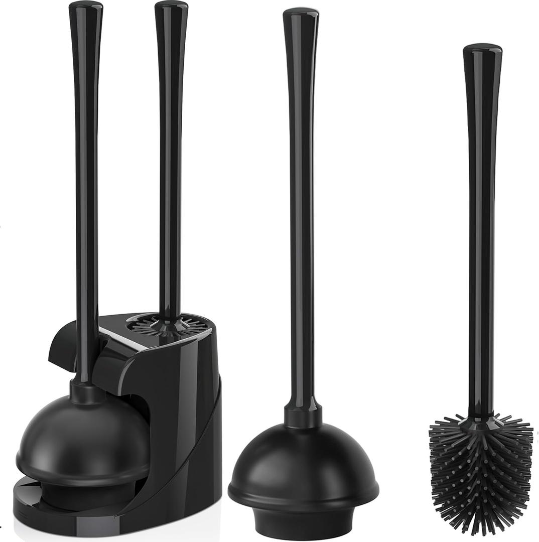 Toilet Plunger and Brush Set, Silicone Toilet Brush and Plunger with Holder for 5.7-inch Toilet Drain, 2-in-1 Toilet Brush Plunger Combo with Caddy Stand (Black)