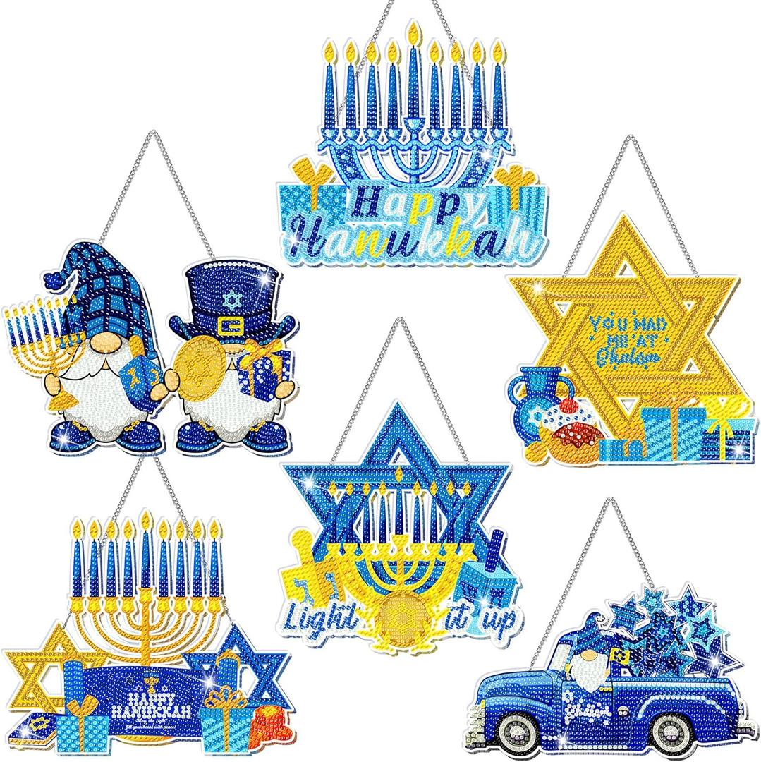Zonon 6 Pcs Hanukkah Diamond Art Painting Hanging Sign Set Hanukkah Star Diamond Art Adults 5d DIY Craft Acrylic Pendant Ornaments Kits for Home Wall Door Window Decor (Blue)