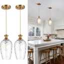 2 Pack Glass Pendant Lights Kitchen Island Gold Vintage Pendant Light Hand-Blown Hammered Clear Glass Hanging Light Fixtures E26 Brass Pendant Light for Kitchen Sink Dining Room