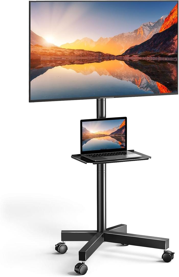 PERLESMITH Rolling TV Stand on Wheels for 23-60 Inch Flat Curved Screen TVs, Mobile TV Cart Height - Adjustable with Shelf/Tray, Portable TV Stand Holds up to 55 lbs, Max VESA 400x400mm, PSTVMC04 (Deeep Black)