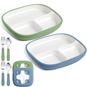 Teenyyou 2 Pcs 8.2" Large Kids Porcelain Plates with Silicone Sleeves Toddlers Divided Plates Extra Deep White Porcelain Dishes 2 Pack Spoons and Forks Set Microwave Dishwasher Friendly(Blue,Green)