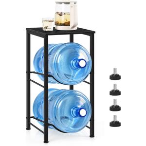Water Jug Holder 5 Gallon Water Bottle Holder Stand With Storage Shelf, 2 Tier 5 Gal Water Jug Storage Rack with 2 Slots for Kitchen Living Room Home Office, Black