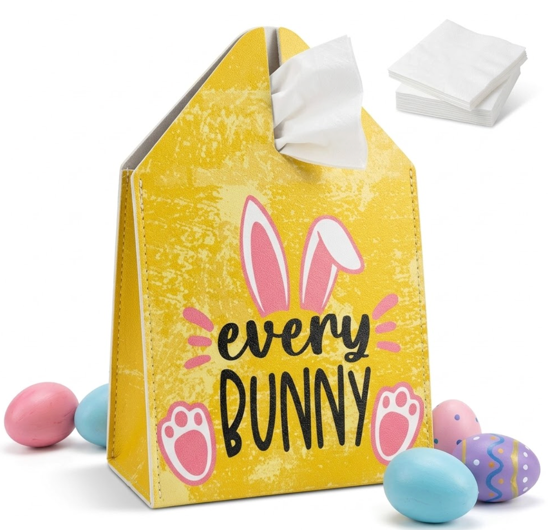 GRXXPIP Happy Easter Bunny and Eggs Tissue Box Cover, Universal 5.2 Inch Leather Cube for Home Bathroom Countertop, Easter Basket Gift, Egg Hunts Party Decor.(008)