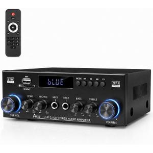 Bluetooth 5.0 Stereo Amplifier, 2.1 Channel 400W Home Audio Stereo Receiver for 2 Passive Speakers & Passive Subwoofer, Dual Mic Inputs, USB/SD/FM, Bass Treble Echo Control, Remote Control