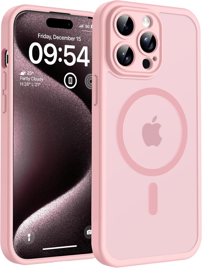 TOCOL Magnetic for iPhone 15 Pro Case, Upgraded Full Camera Protection, Compatible with Magsafe, Drop Protection, Translucent Matte Back Bumper Phone Cover 6.1Inch (Light Pink)
