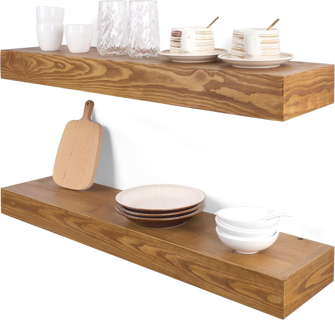 Floating Shelves 3 inch Thick for Wall Set of 2,Solid Pine Wood Wall Mount Shelf for Kitchen Living Room Bedroom Bathroom,8" D x 36" L x 3" H-Gold Oak