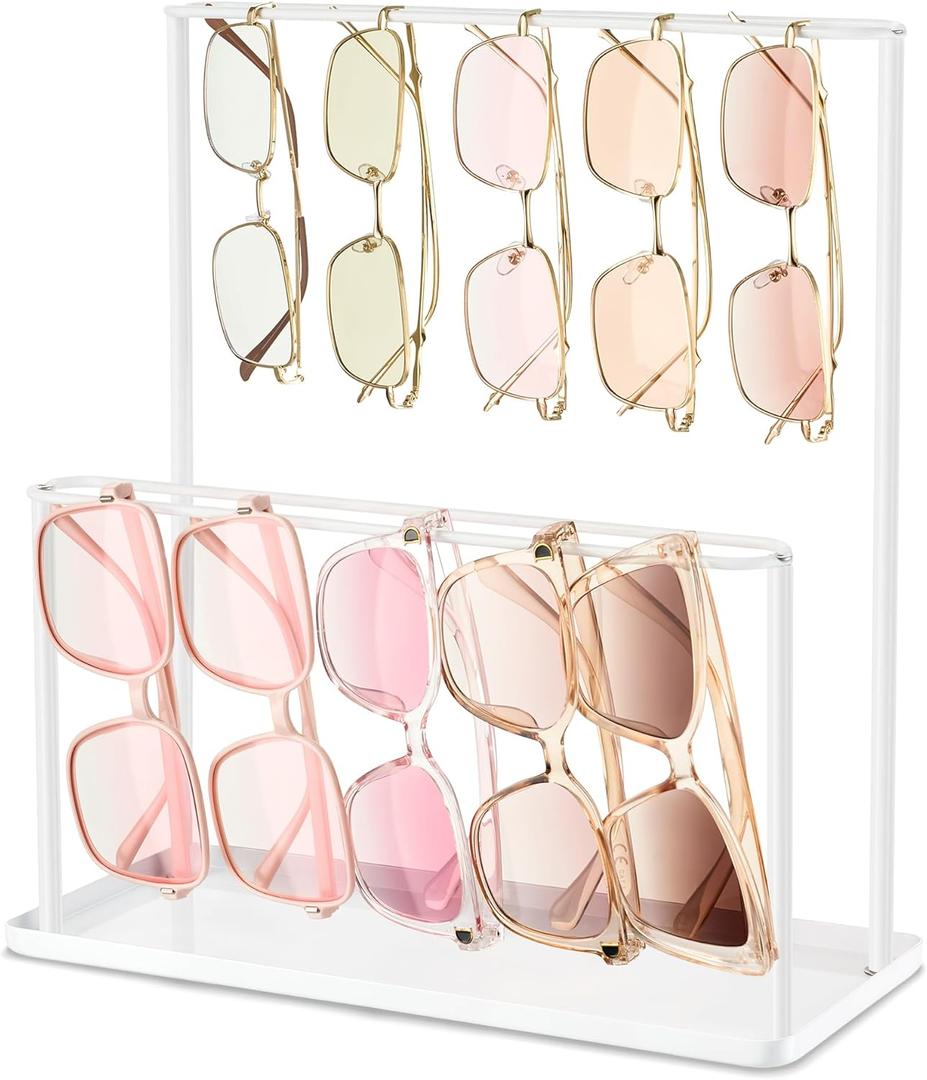 Sunglasses Organizer Glasses Holder Stand with Tray, Eye Glasses Display, 2 Tier Sunglass Storage Rack for Multiple Glasses, for Desk, Nightstand, Dresser, Vanity, Metal, White