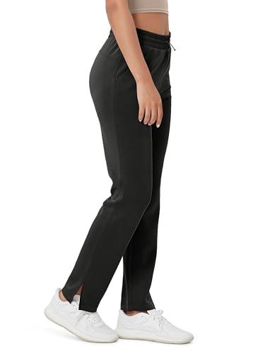 ODODOS Women's Modal Soft Split-Hem High Waist Pants with Pockets Adjustable Shockcord Casual Lounge Pants, Black, S