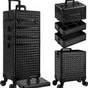 AROUS 5 in 1 Rolling Makeup Train Case Cosmetology Case on Wheels Large Cosmetic Organizer Travel Cart for Hairstylist Artist Nail Beauty Salon Barber, Black (EXP 11/28/35)