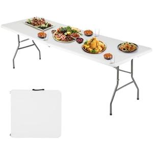 FDW | 6FT Folding Table | White | Portable Plastic Table | with Carry Handle | Waterproof & Foldable Table Design | Steel Frame with Lock | for Events, Camping, Indoor & Outdoor Use(missing screw to attach the table sturdy, dented)