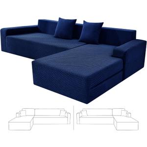 ZNSAYOTX Sectional Couch Covers, Stretch Jacquard Slipcovers with Elastic Bottom for L-Shape Sectional Sofa, 2 Pcs Pet Friendly Modular Sofa Protector (3 Seat Couch + 2 Seat Chaise, Navy Blue)