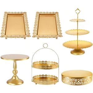 6 Pcs Gold Cake Stands Sets, Metal Dessert Display Set, Cakes Display Pedestal Tiered Cupcake Holder Tower, Round Tower Tray Platter Square Serving Trays for Wedding Celebration Birthday