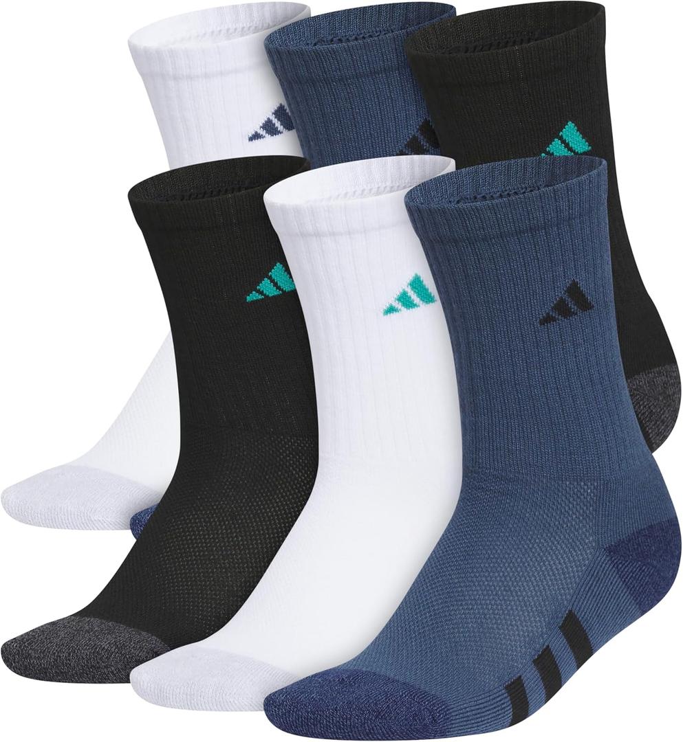 adidas Unisex Kids Crew Socks for Boys and Girls Youth (6-pack) Athletic Cushioned and Comfortable, Tall Mid-calf (Medium, White/Pure Teal Green/Mineral Blue)