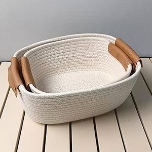 Set of 2 Braided Cotton Rope Storage Baskets, Bathroom Vanity Organizer, Rectangular Wicker Basket with Leather Handle, Decorative Stackable Baskets for Toys Set of 2 Braided Cotton Rope Storage Baskets, Bathroom Vanity Organizer, Rectangular Wicker Basket with Leather Handle, Decorative Stackable Baskets for Toys