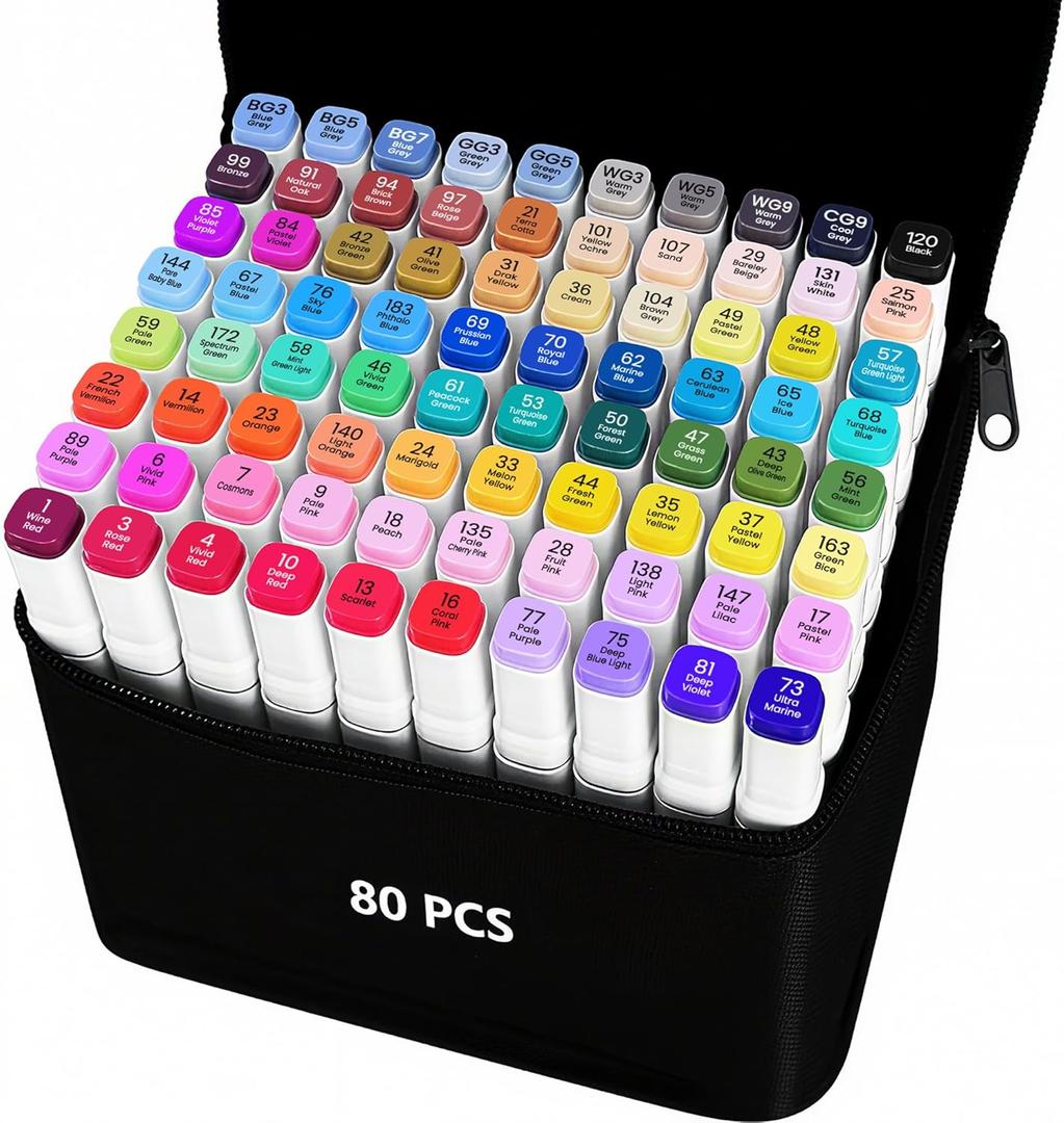VIBEX 80 Colors Alcohol Markers with Base Dual Tip Drawing Markers for Adult and Kids Comics Coloring Sketching Illustration - Refillable (80 White)