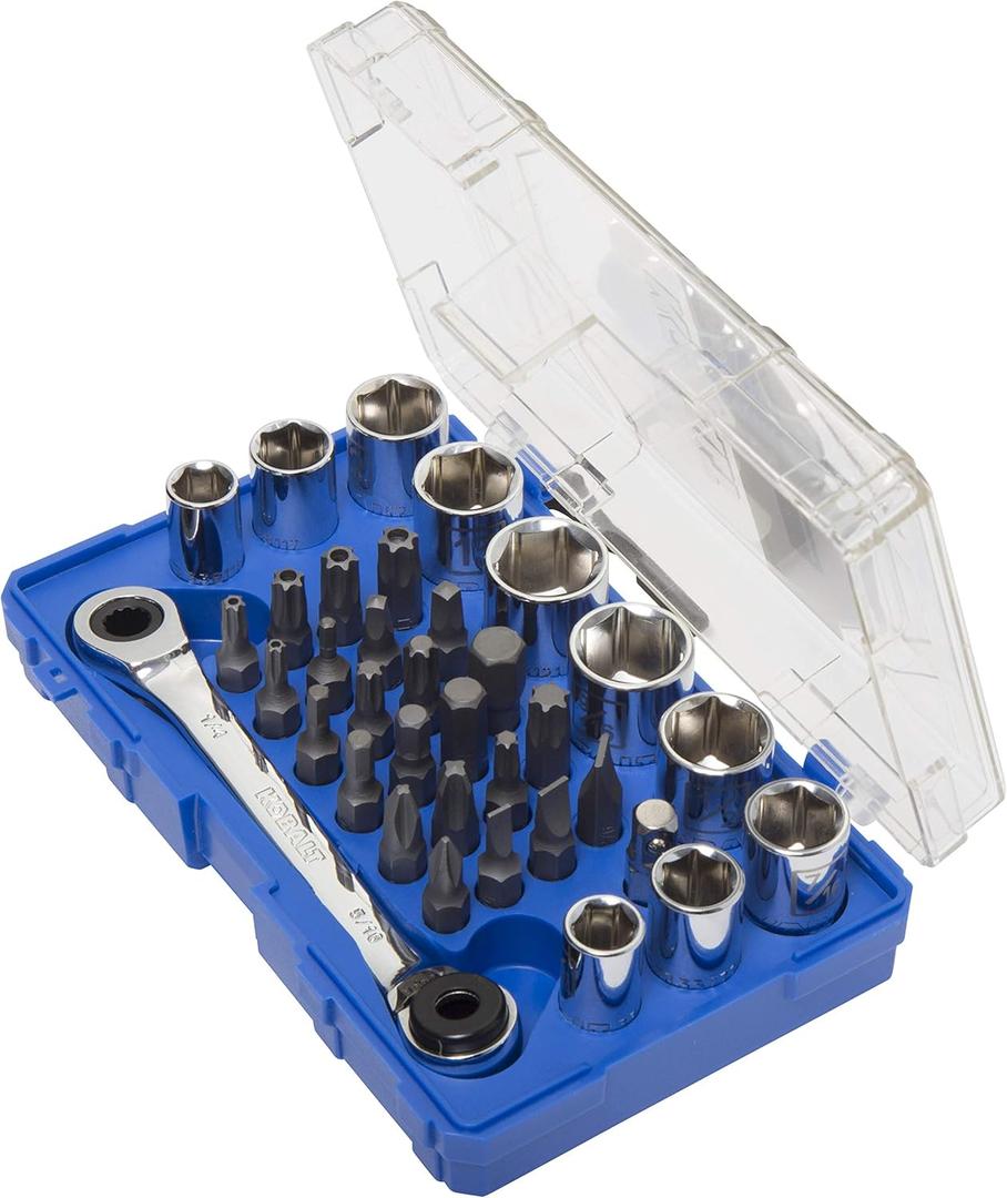 Kobalt 338358 35-Piece 1/4-Inch Drive Mechanic's Tool Set, Inch/Metric, includes Reversible Ratcheting Wrench, Sockets; Screwdriver, Hex, Torx, and Square Bits