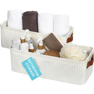OrganiHaus Narrow Storage Bins 15x06in, Small Closet Bins for Shelves, Bathroom Storage Baskets, Narrow Baskets, Fabric Organizer with Handles, Toilet Paper Organizer - 2 Pack, White w/ Brown Stripes