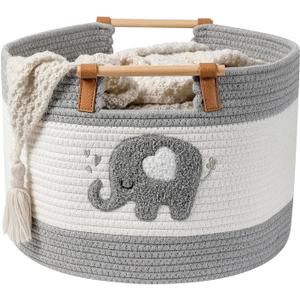 Large Blanket Basket 35L Cotton Rope Basket with Wooden Handles Woven Baskets for Kids Stuffed Animal Toys Storage for Nursery, Laundry Hamper Clothes Baby Hamper Boys Gift Basket Empty (Elephant)