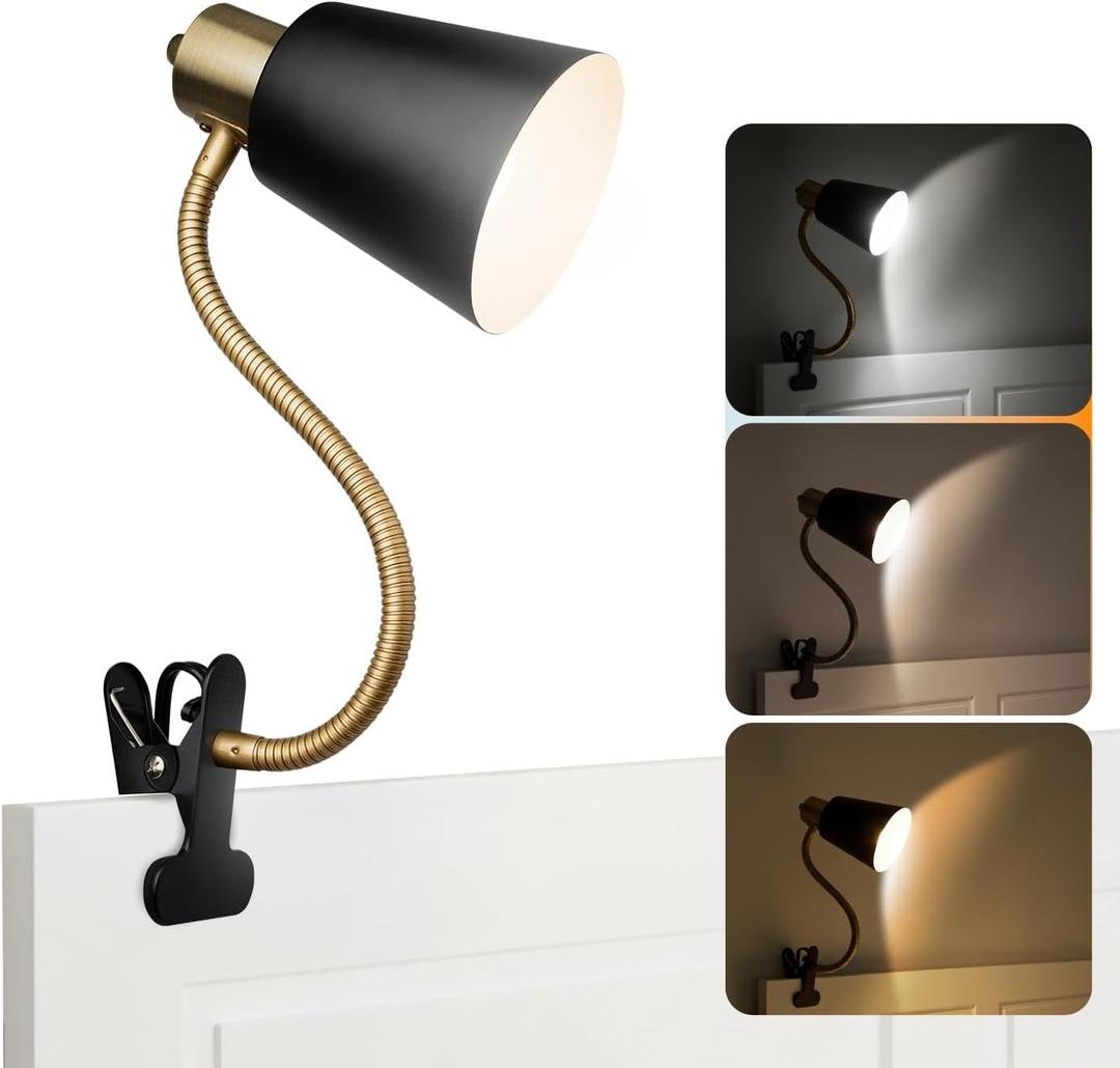 Desk lamp Eye-Caring Table Lamps, 360Rotation Gooseneck Clip on Lamp Reading Light, Portable Reading Book Light, Clamp Light, Study Desk Lamps for Bedroom and Office Home Lighting (Black and Gold)