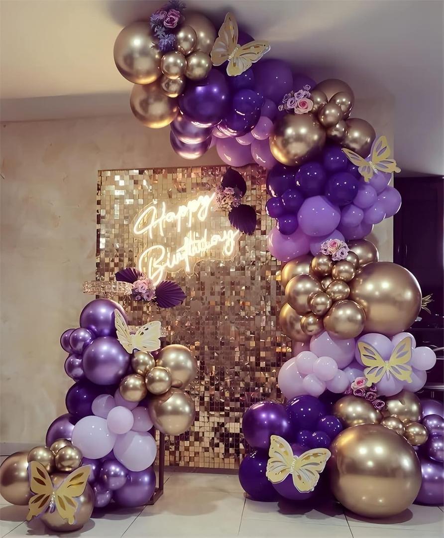 Purple Balloon Garland Kit Dark And Gold Arch Lavender Light Decoration For Baby Girl Princess Party Birthday