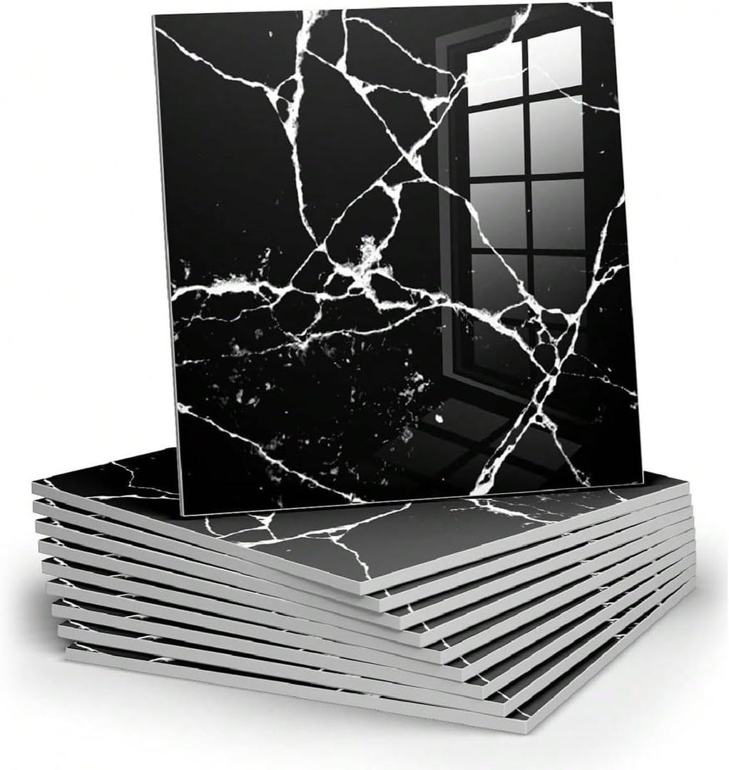 Chejiaye 10pcs Marble Peel and Stick Backsplash Waterproof Washroom Wall Panels, Peel and Stick Tile, PVC Wall Panels for Kitchen (Black Marble Tiles, 11.8" x 11.8" x2.5MM x 10Pack)