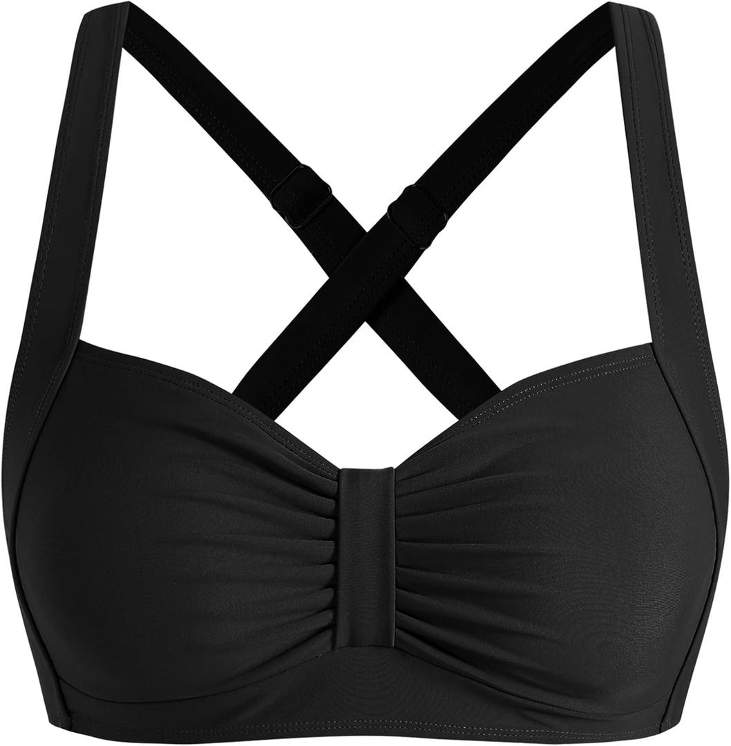 ZAFUL Women Bikini Top Only-Ruched Bra Padded Bathing Suit Top Cross Back Vintage Retro Bathing Suit Tops 2025 (Medium)