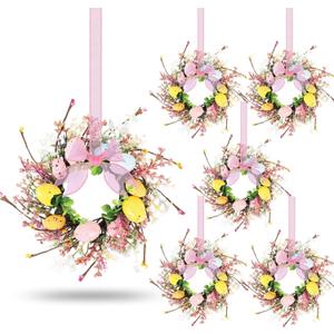 6 Pcs Easter Egg Candle Rings Wreaths Mini Artificial Spring Easter Egg Berry Wreath for Front Door Hanging Kitchen Cabinet Wreath with Ribbon for Porch Wall Window Farmhouse Decor