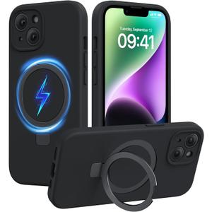 Miracase for iPhone 14 Case with Stand, Compatible with All MagSafe Accessories, Liquid Silicone Case Gel Rubber Shockproof Drop Protection Phone Case for iPhone 14 (Black Mag-Stand)
