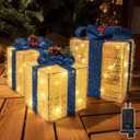 Ccinny Christmas Decorations, Set of 3 Christmas Lighted Gift Boxes, Pre-lit 60 LED Light Up Present Boxes Warm White Xmas Ornaments for Indoor Outdoor Yard Lawn Home Decor (Blue Bow)