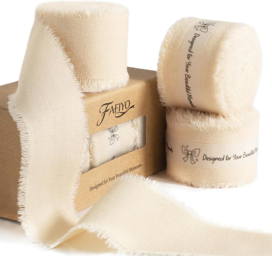 Beige Ribbon 1.5 Inch x 21 Yards Natural Cotton Frayed Edge, 3 Rolls