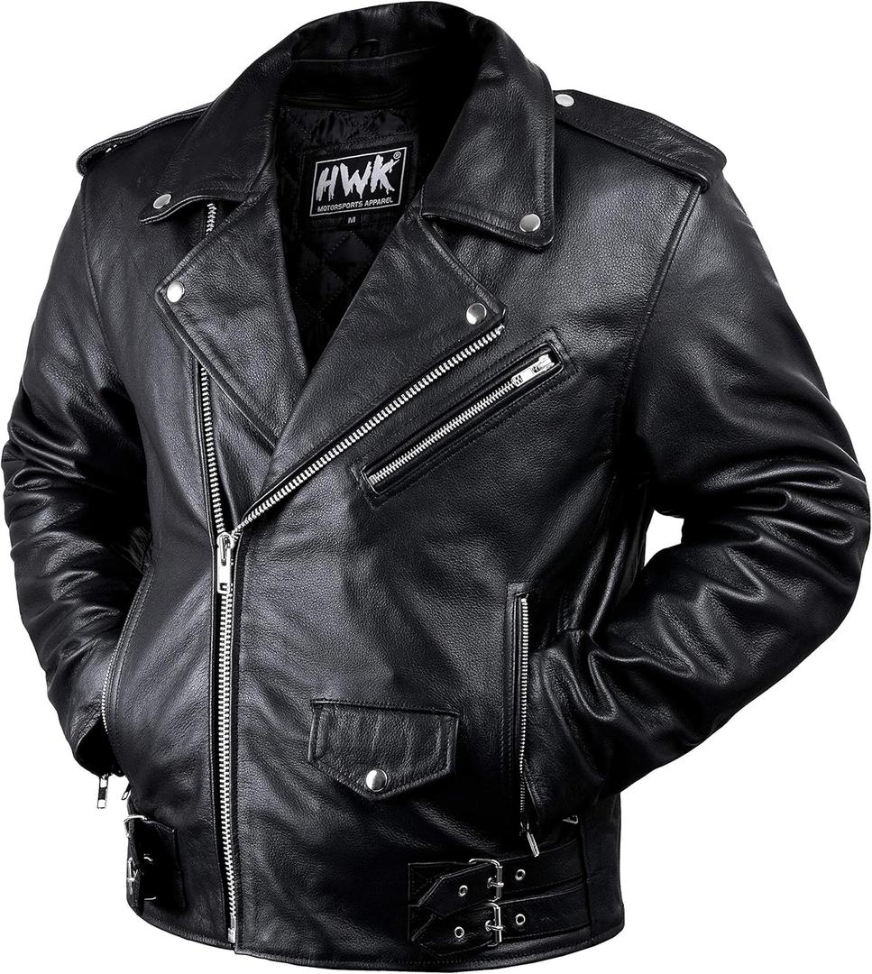 HWK Brando Leather Motorcycle Jacket for Men, Genuine Black Leather Jacket with Removable CE Armor for Motorbike Riding (XX-Large)
