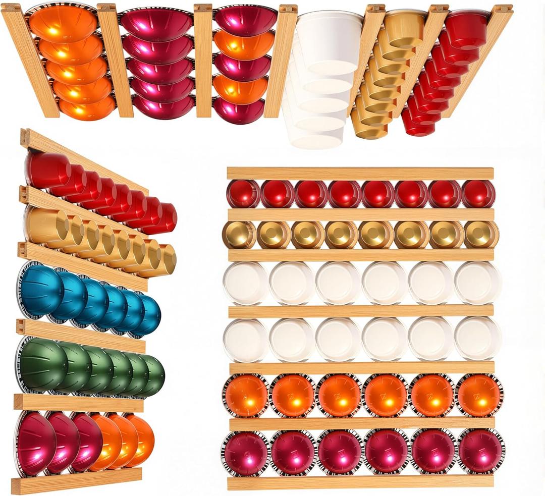 K Cup Holder,Wooden Coffee Pod Holder,10 PCS Under Cabinets Wall Mounte Vertically/Horizontally,Coffee Pod Storage for Coffee Shop Desktop Office and Kitchen, Bamboo Wood
